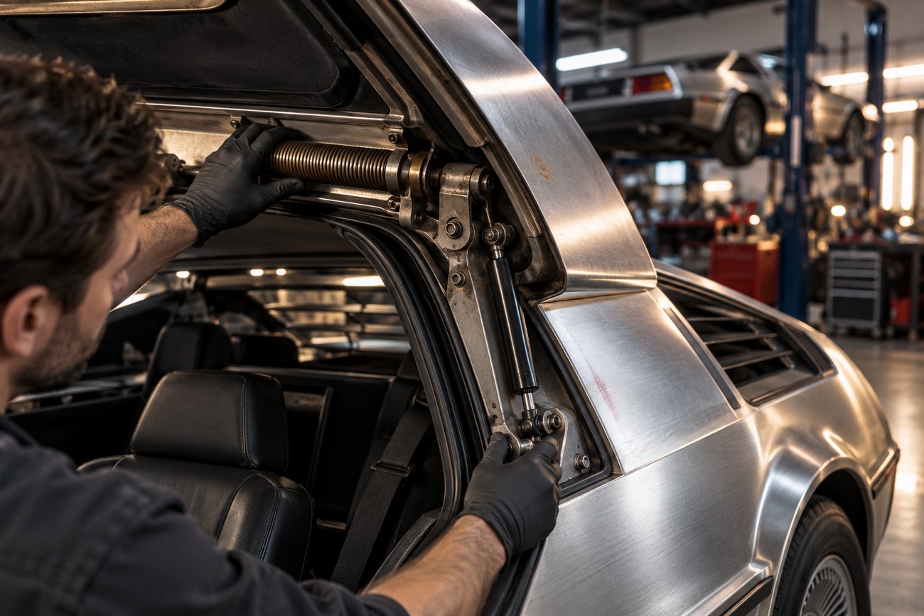A mechanic wearing gloves adjusting the gullwing door strut and mechanism on a stainless steel DeLorean DMC-12 in a workshop