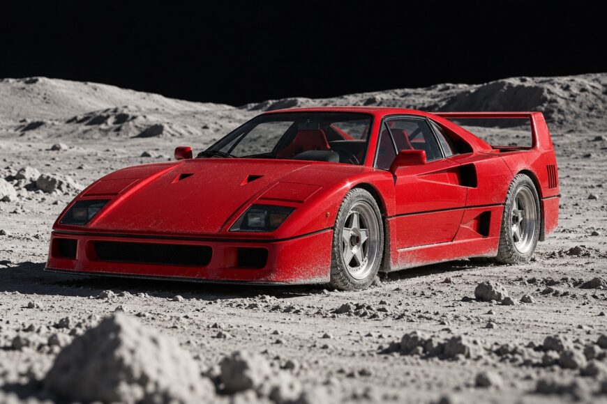 A red Ferrari F40 parked on the dusty lunar regolith surface under a dark space sky