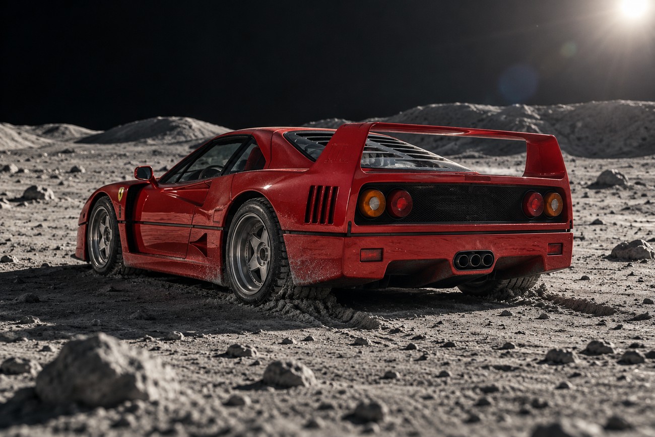 A red Ferrari F40 sports car parked on the gray lunar regolith with craters under bright sunlight