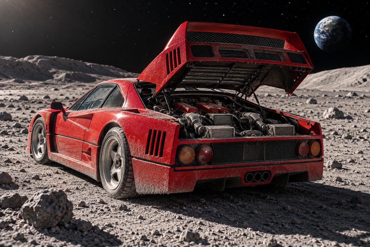 A red Ferrari F40 covered in lunar regolith parked on the Moon with an open engine bay and Earth visible in the sky