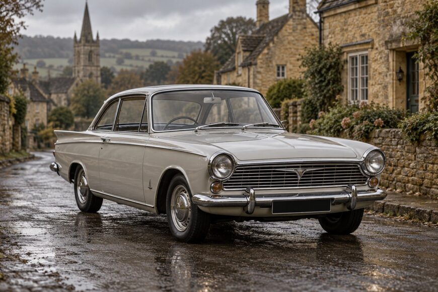 Vintage light-colored Ford Consul Capri parked on a wet cobblestone street in front of traditional stone cottages