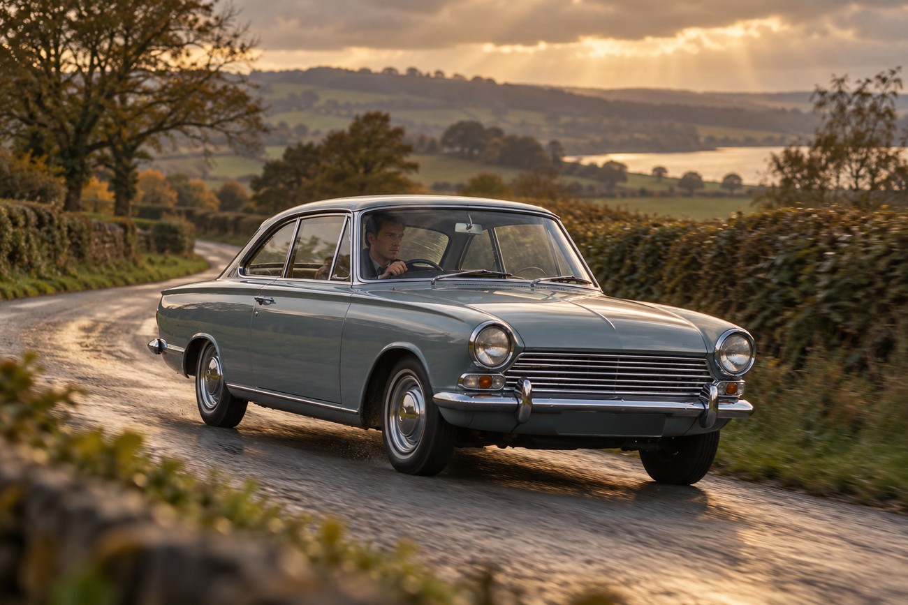 A classic grey Ford Consul Capri being driven along a winding country road under a sunset sky