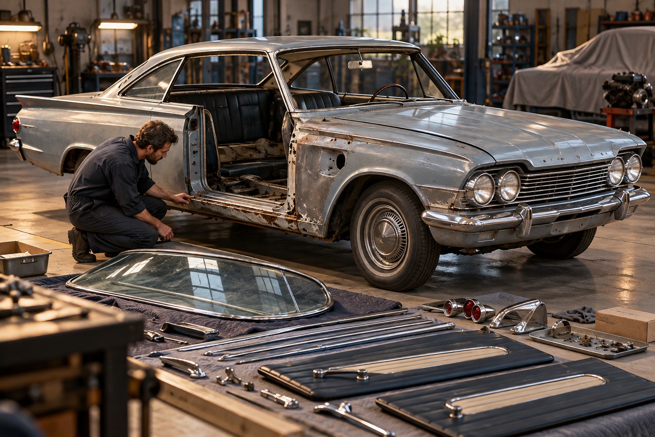 A mechanic crouching next to a classic Ford Consul Capri undergoing restoration in a vintage garage with disassembled car parts laid out on the floor
