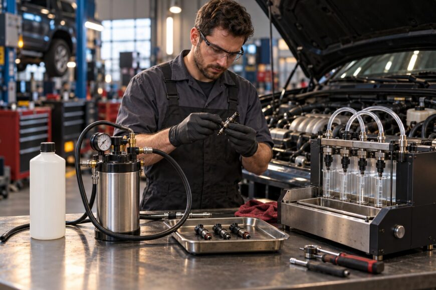 Mechanic wearing protective glasses and gloves inspects a fuel injector at a workbench with cleaning equipment