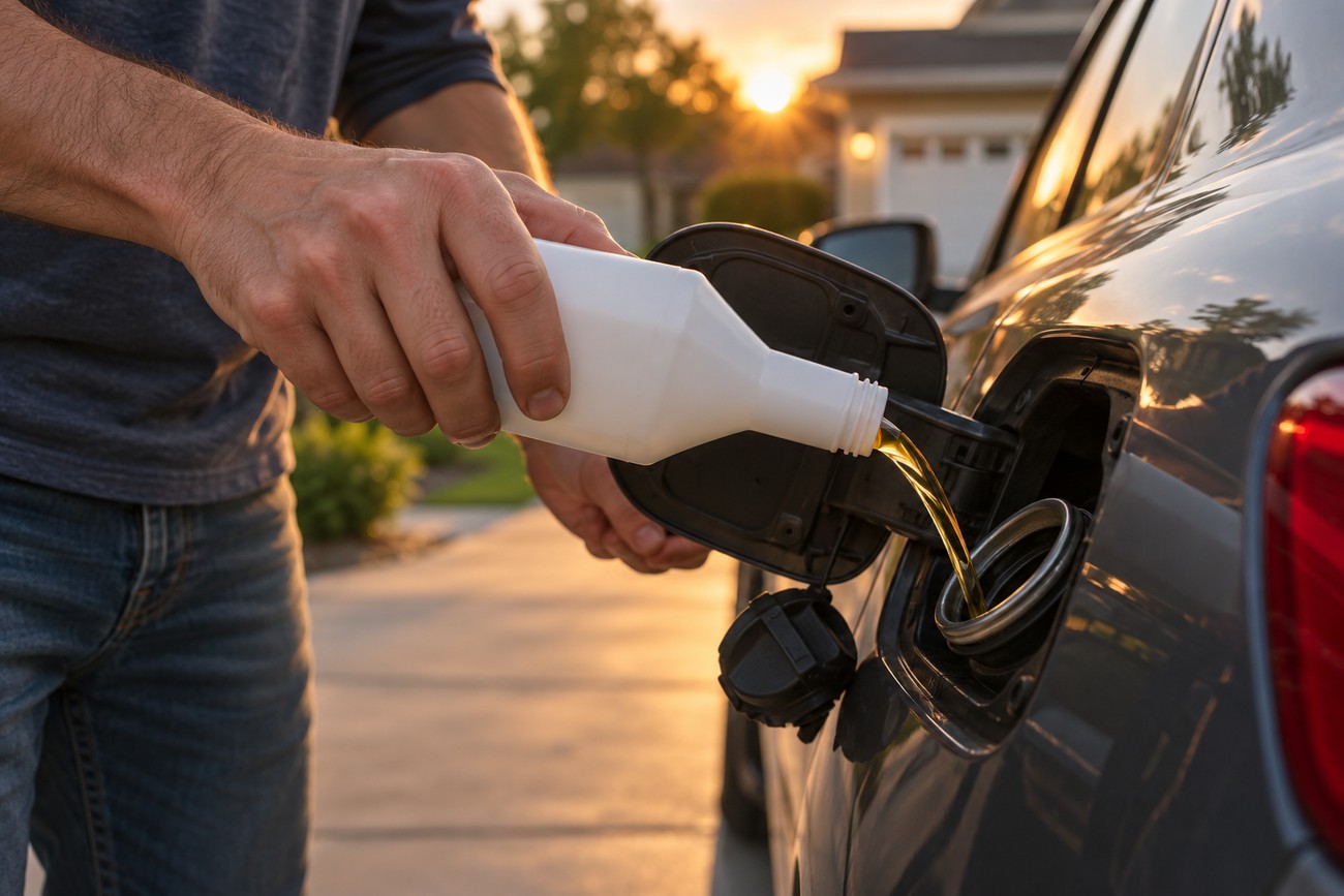 A man pouring fuel injector cleaner additive from a white plastic bottle into the gas tank of his car at sunset