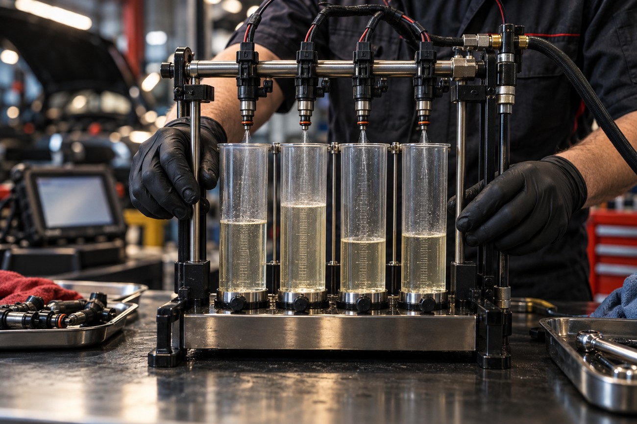 A mechanic in black gloves operating a fuel injector testing machine with glass measuring cylinders in a workshop