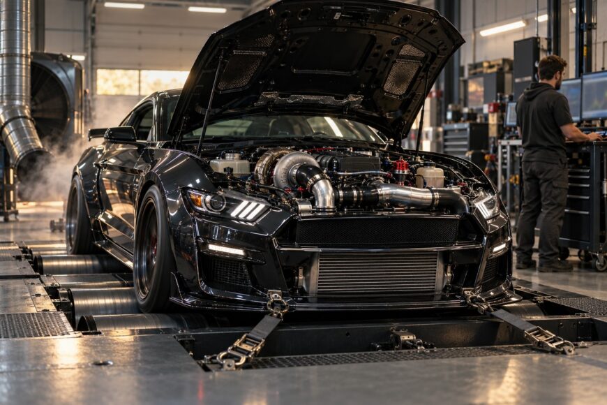 Black sports car with open hood secured on a dyno machine in a professional tuning shop