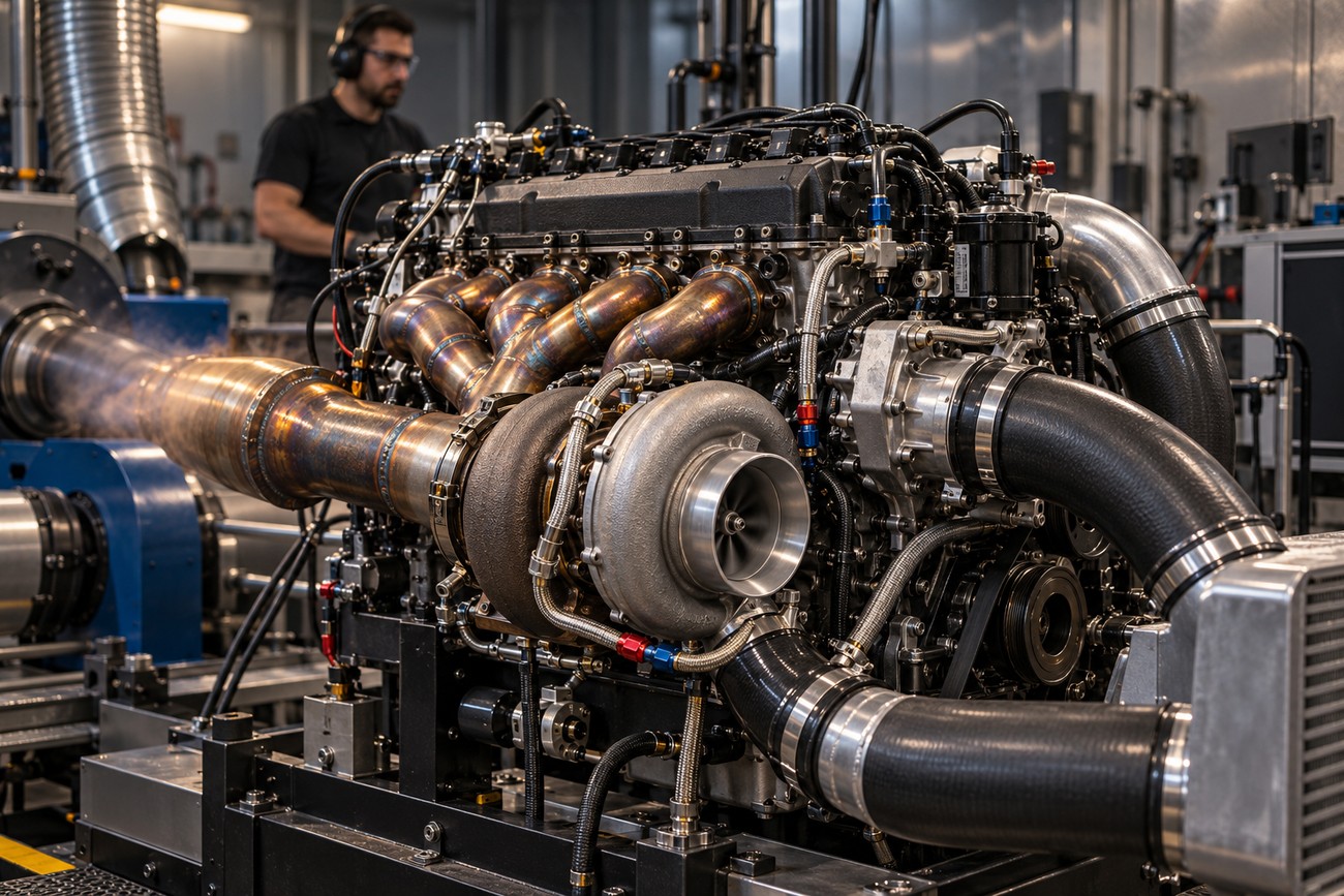 A high-performance engine equipped with an upgraded turbocharger and custom exhaust manifold on a dyno test bench
