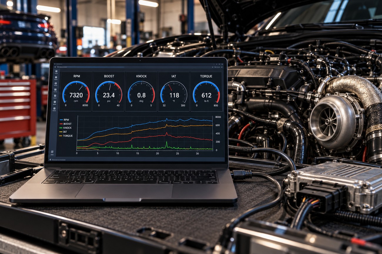 A laptop showing diagnostic charts and gauges connected to a modified car engine with a turbocharger in a garage