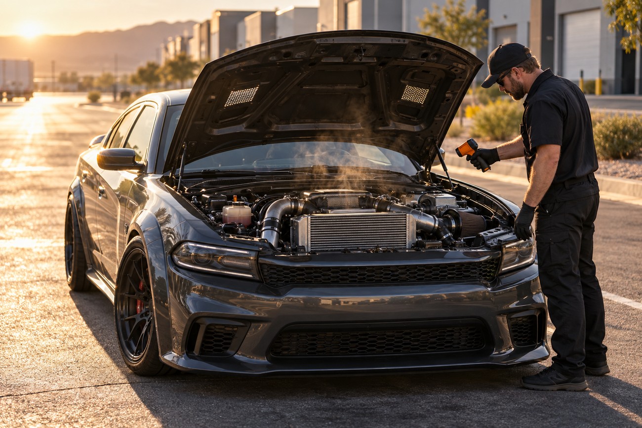 Mechanic in black uniform uses an infrared thermometer to check the temperature of a modified car engine with the hood open at sunset