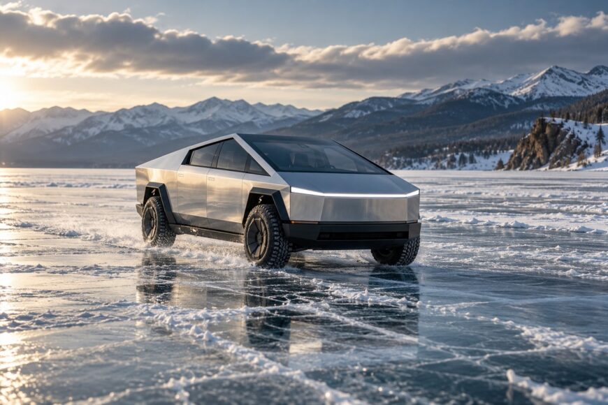 Stainless steel Tesla Cybertruck driving on the frozen surface of Lake Khövsgöl with snowy mountains in the background
