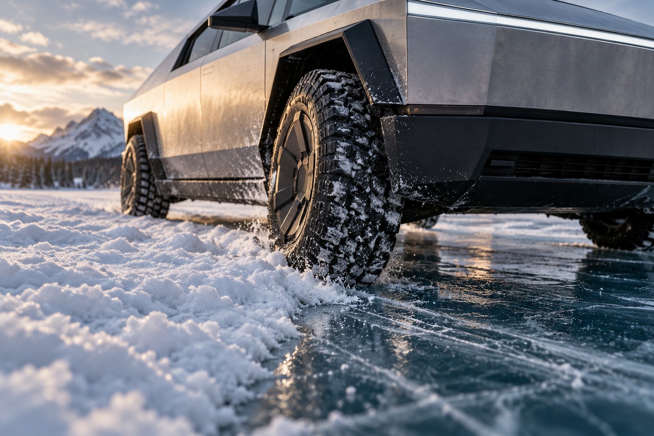 A stainless steel Tesla Cybertruck driving on the frozen icy surface of Lake Khövsgöl with snow splashing from its tires