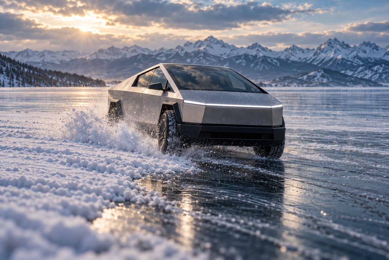 Stainless steel Tesla Cybertruck driving and splashing snow on the frozen ice of Lake Khövsgöl with snowy mountains in the background
