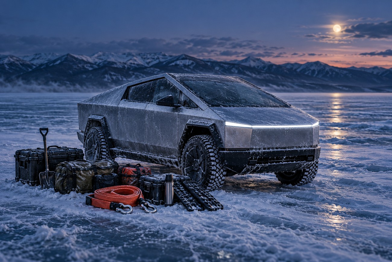 Stainless steel Tesla Cybertruck parked on frozen Lake Khövsgöl with winter gear and snowy mountains in the background