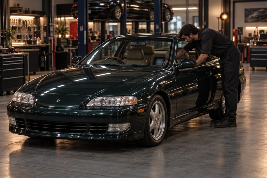 A mechanic in black overalls leaning into the interior of a dark green Toyota Soarer inside a well-lit auto repair shop