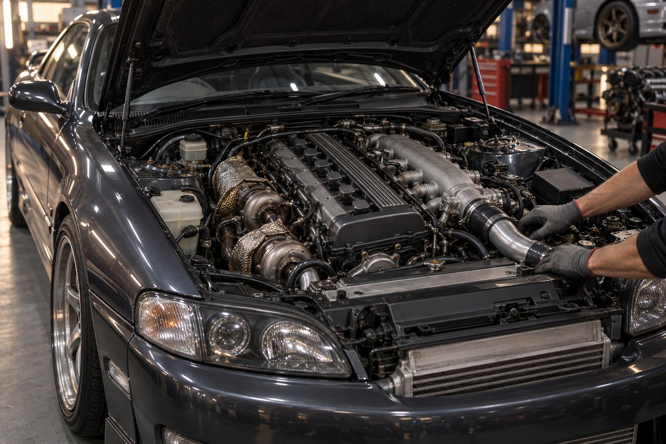 Mechanic in gloves working on the twin-turbo engine bay of a grey Toyota Soarer in a garage