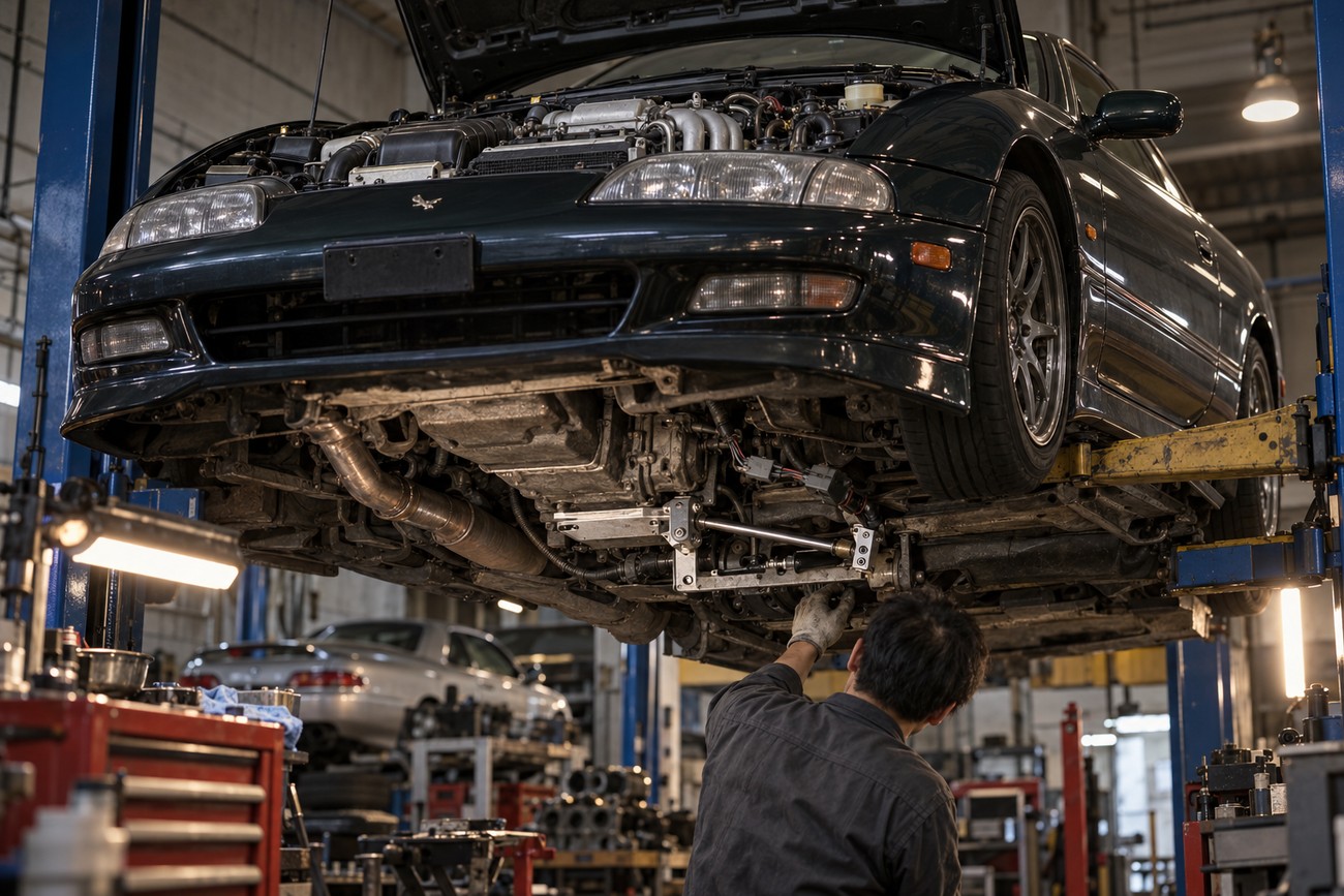 A mechanic in a workshop inspecting the undercarriage of a dark Toyota Soarer lifted on a hydraulic hoist