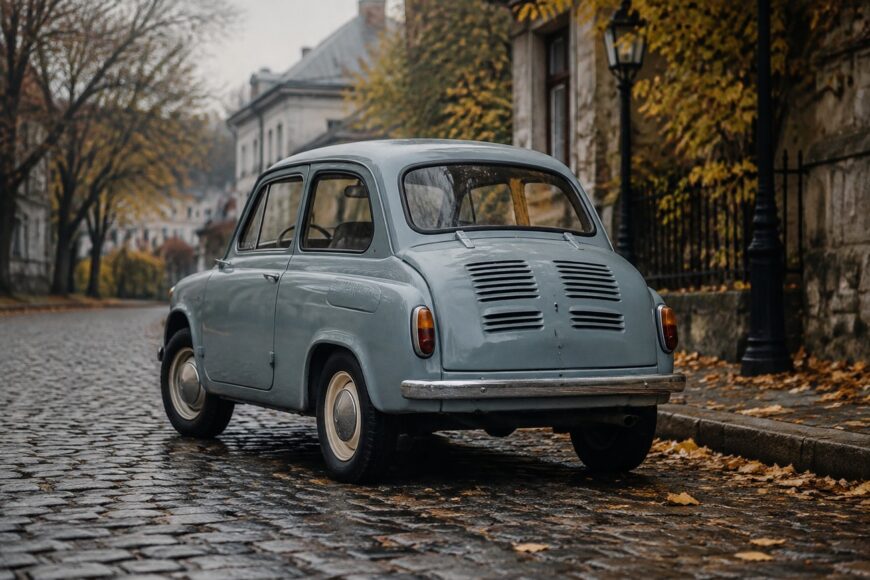 A light blue vintage ZAZ-965 Zaporozhets parked on a wet cobblestone street during autumn