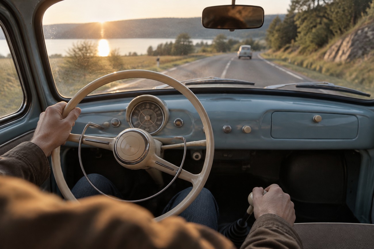 Driver holding the steering wheel and gear shift inside the interior of a classic ZAZ-965 Zaporozhets driving on a road during sunset
