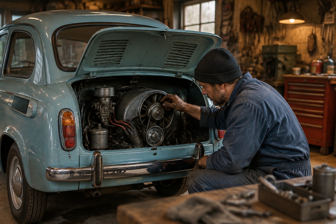 A mechanic in a workshop working on the rear air-cooled engine of a light blue classic ZAZ-965 Zaporozhets car