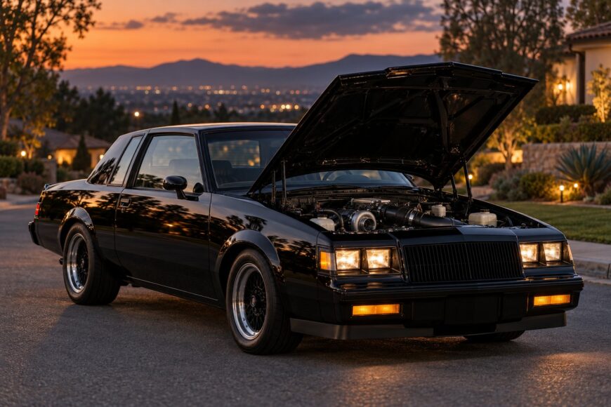 Black Buick Grand National classic muscle car parked on a street at sunset with its hood open showing the turbo V6 engine