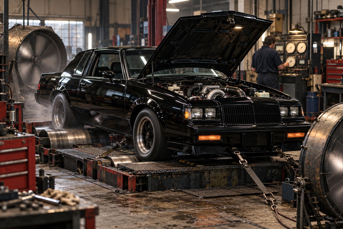 A black Buick Grand National muscle car secured on a chassis dynamometer with its hood open in a repair shop