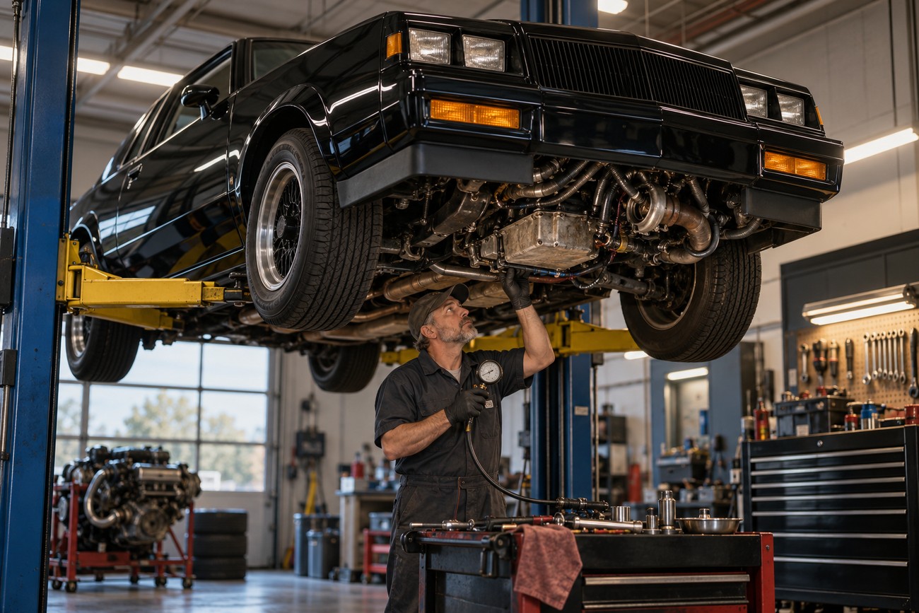 A mechanic in overalls inspects the turbocharged V6 engine beneath a black Buick Grand National lifted on a hydraulic hoist inside a repair shop