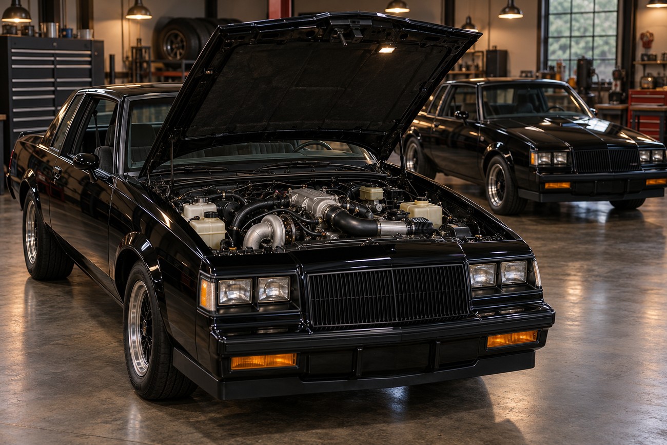 Classic black Buick Grand National muscle car with its hood open revealing the turbo V6 engine inside a garage