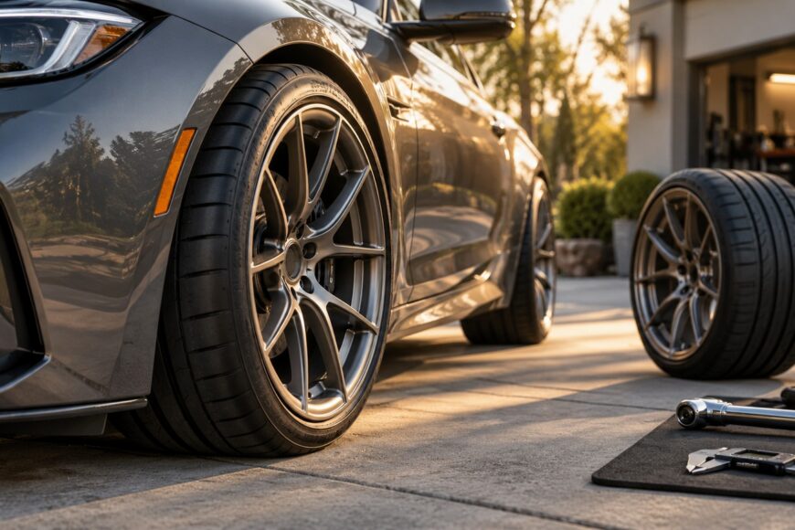 Close-up of a modern car wheel and tire parked outdoors with a spare wheel and tools on the ground
