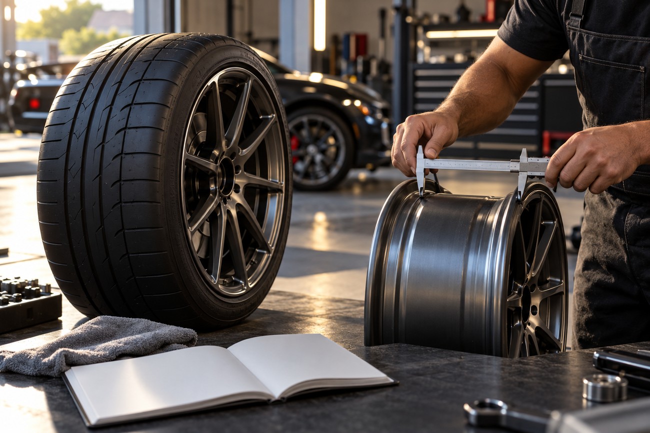Mechanic measuring the inner width of a car wheel rim with a caliper in a workshop
