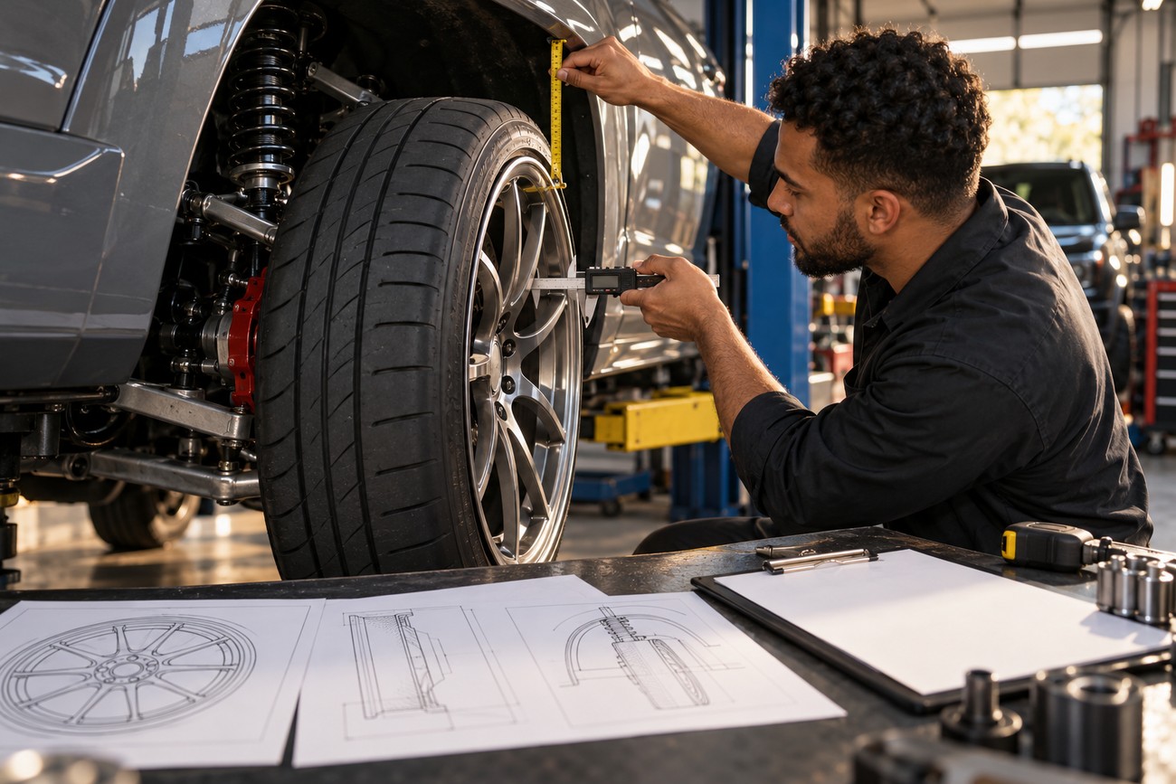 A mechanic measures the wheel width and tire clearance of a car in a workshop