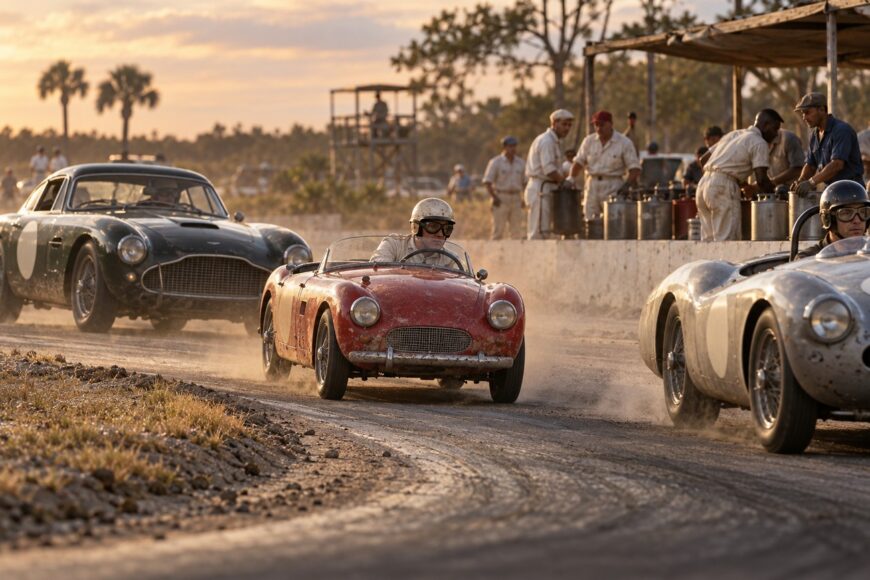 A small red Crosley Hotshot roadster driving on a dusty racetrack during a historic endurance race with spectators and pit crew in the background