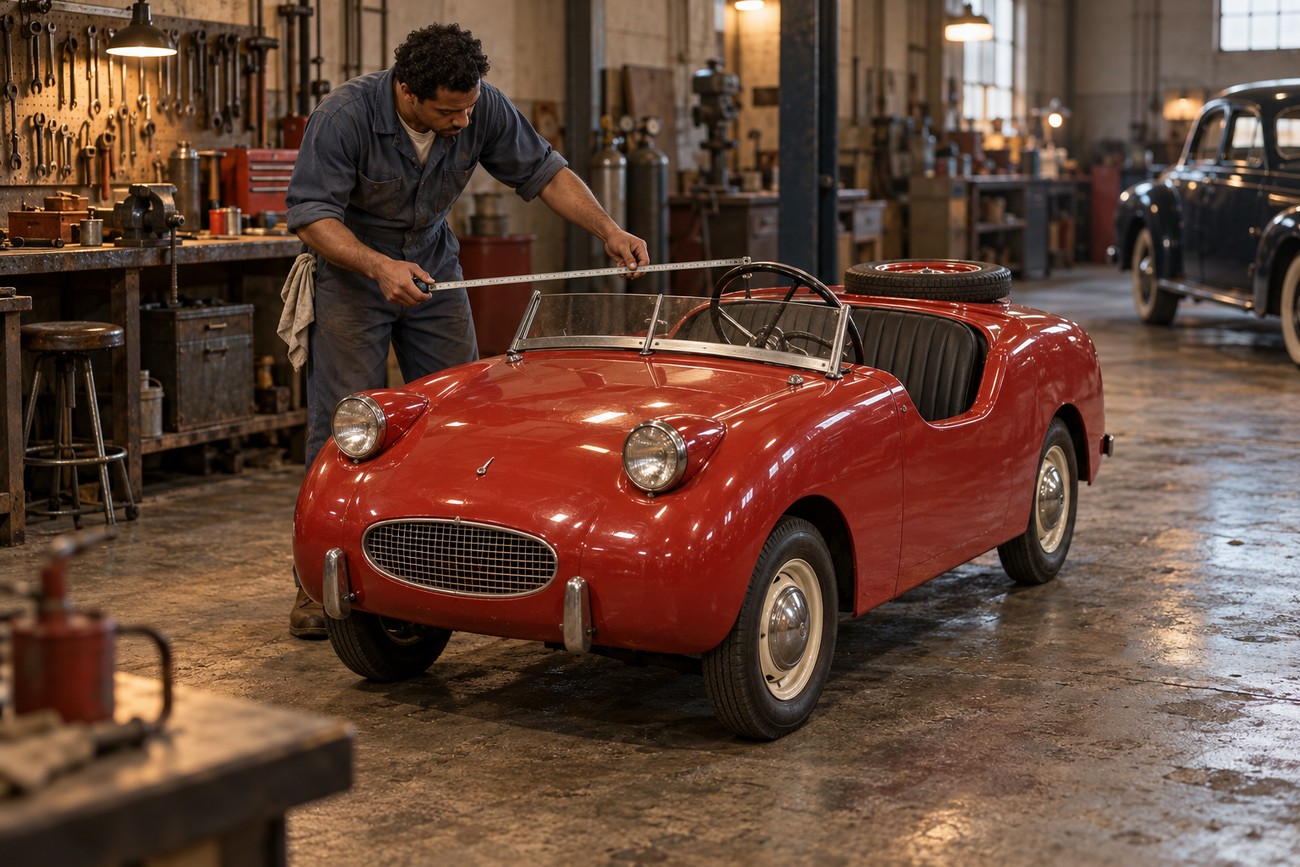 A mechanic in a workshop uses a tape measure on a tiny red Crosley Hotshot roadster