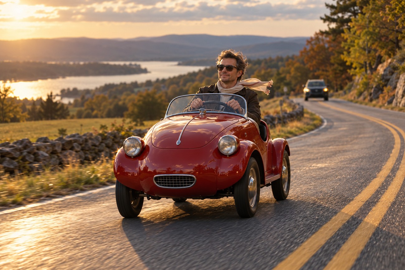 A man driving a vintage red Crosley Hotshot roadster along a winding scenic road at sunset