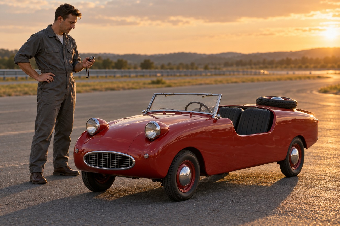 A mechanic in a jumpsuit holds a stopwatch standing next to a tiny red Crosley Hotshot roadster on an asphalt track during sunset