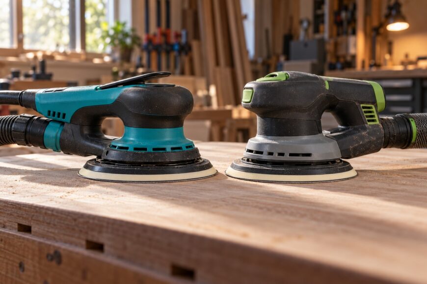 Festool and Mirka random orbital sanders standing side by side on a wooden workbench in a workshop