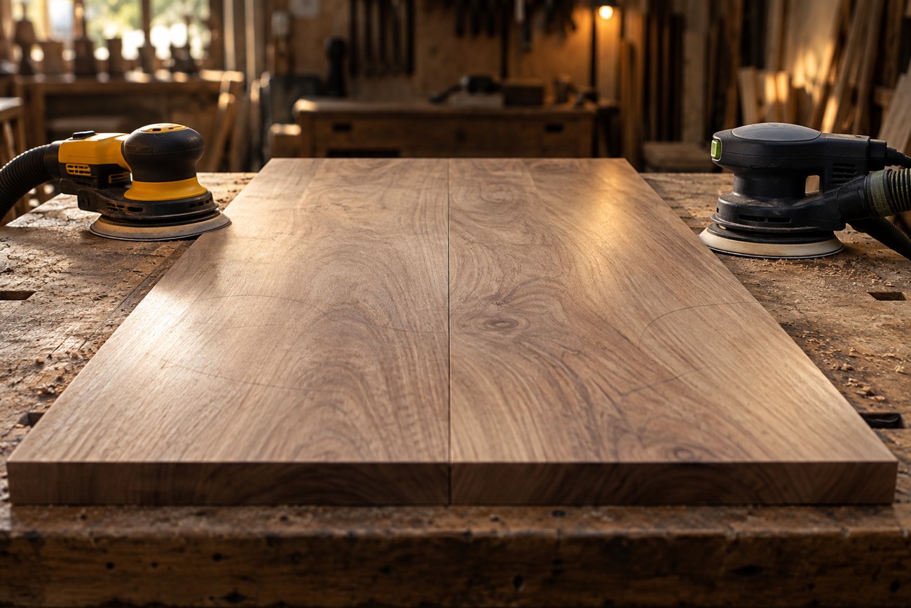 Two random orbital sanders resting on a wooden workbench next to a large wooden board in a workshop