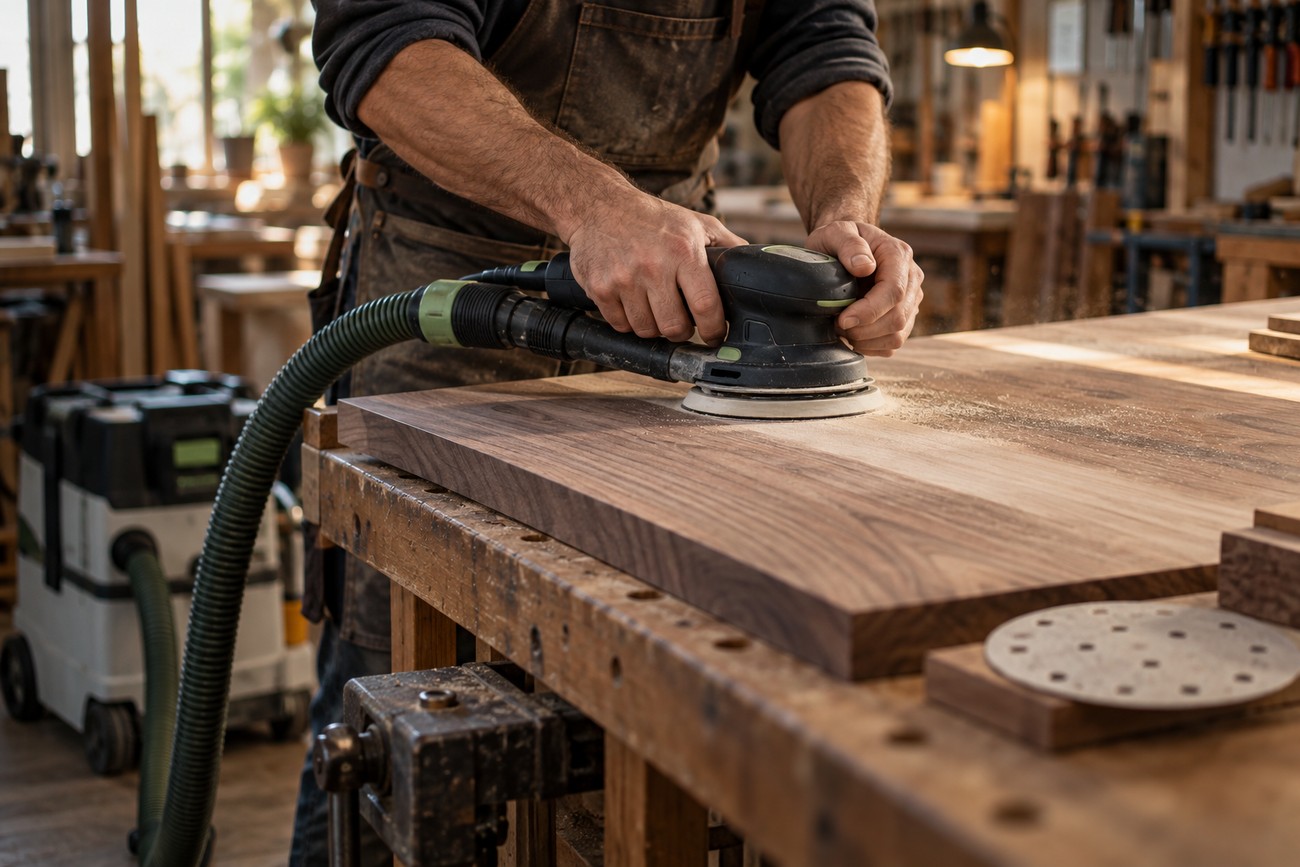 Woodworker in an apron using a random orbital sander with a vacuum hose on a wooden board