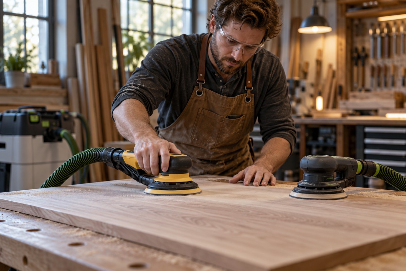 A craftsman wearing safety glasses uses a random orbital sander to finish a wooden board in his workshop
