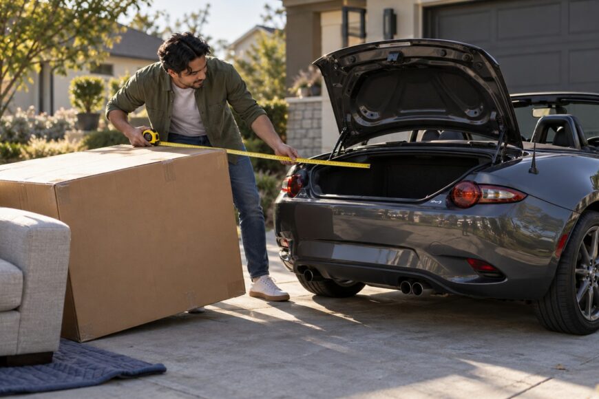 A man measures a large cardboard box containing an IKEA couch next to the open trunk of a gray Mazda Miata