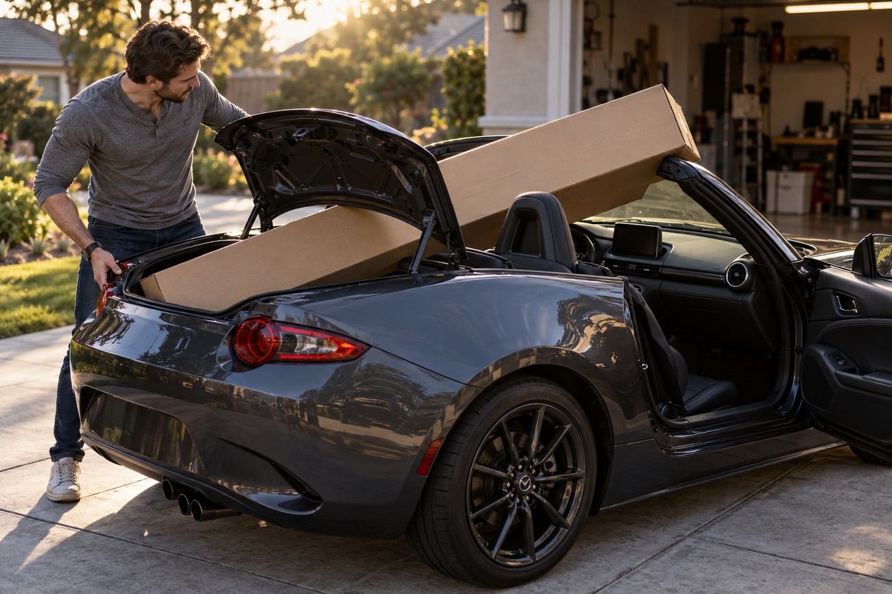 A man trying to load a long IKEA furniture box into the back of a dark grey Mazda Miata convertible