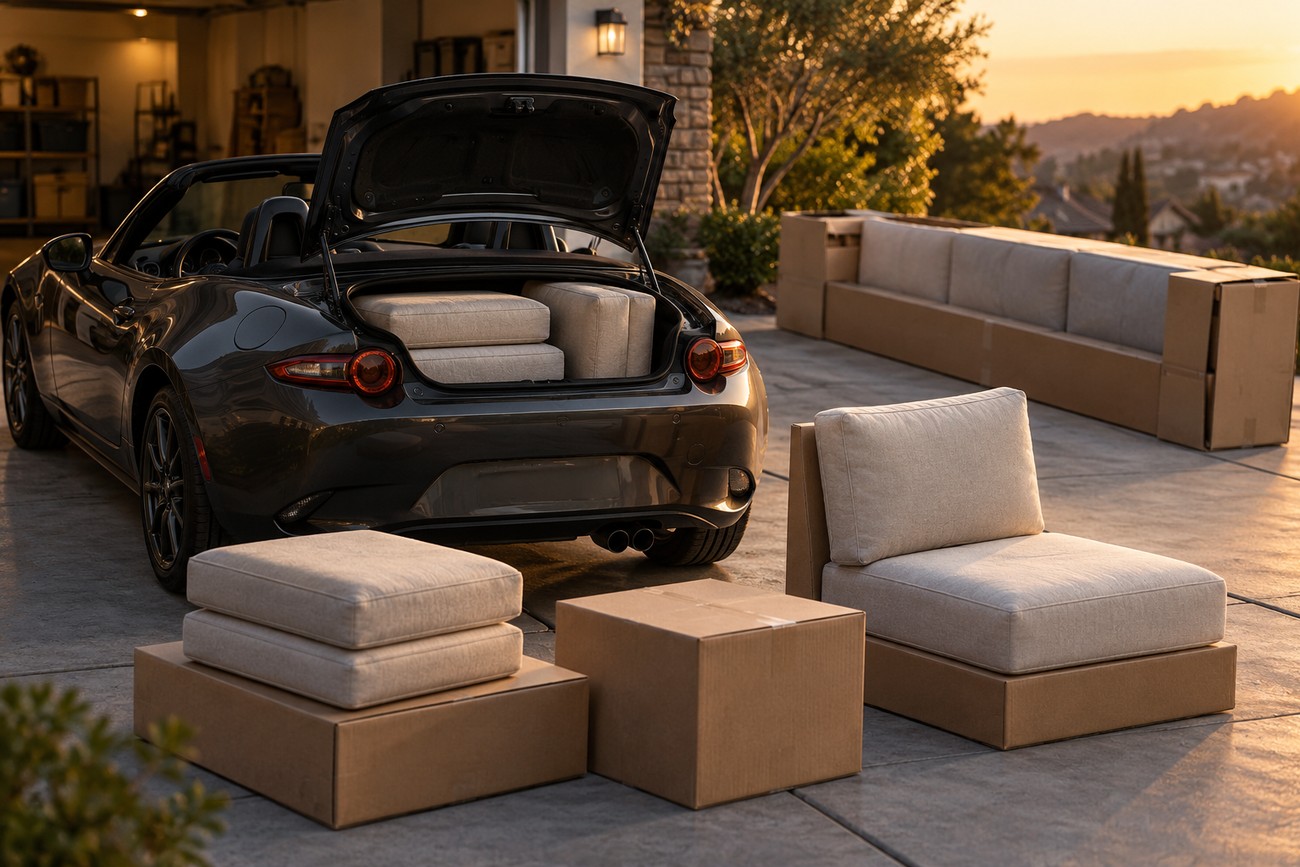 Dark Mazda Miata with an open trunk loaded with beige IKEA couch cushions parked on a driveway with cardboard boxes