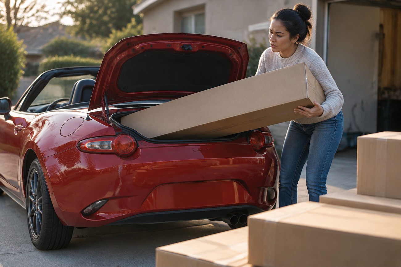 A woman tries to load a large IKEA couch box into the open trunk of a red Mazda Miata parked outside a garage