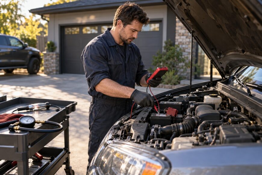 A mechanic in coveralls uses a multimeter to test a car battery under the open hood