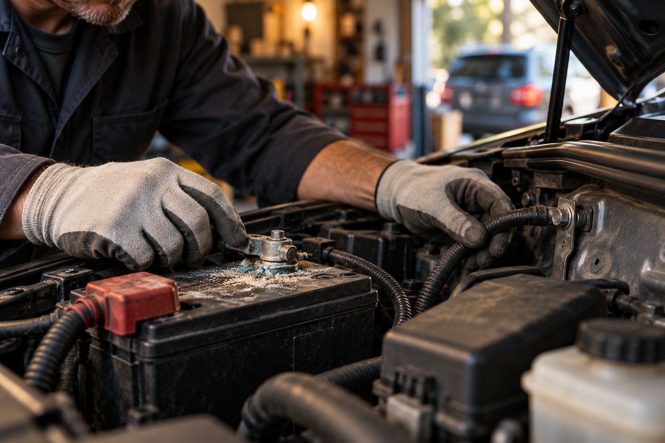 Mechanic wearing work gloves inspecting and cleaning a corroded car battery terminal under the hood