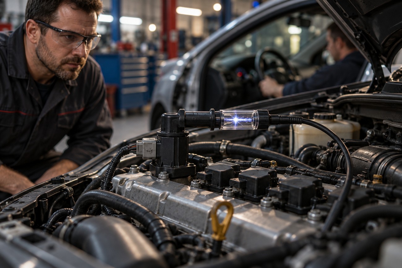 Mechanic wearing safety glasses inspecting an active spark plug tester connected to a car engine in a repair shop