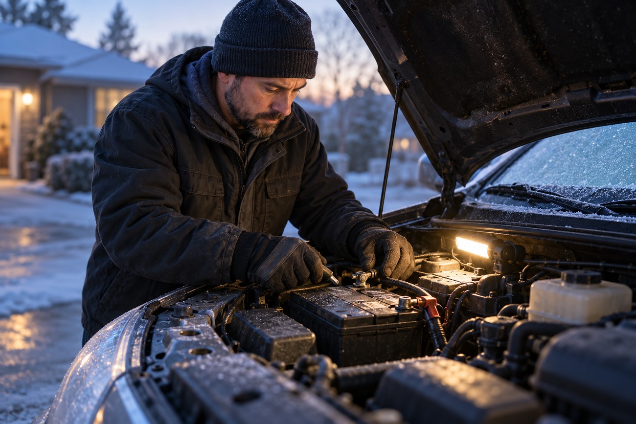 A man in a beanie and gloves inspects a car battery under the hood of a snow-covered vehicle at dusk
