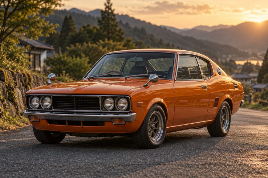 Classic orange Mitsubishi Galant GTO MR parked on an asphalt road with mountains and sunset in the background