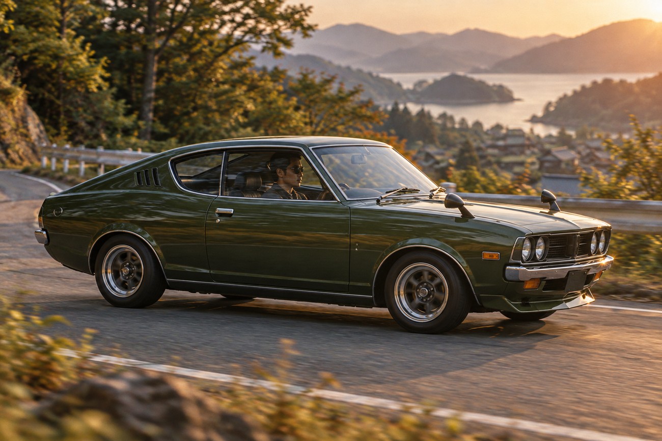 A vintage dark green Mitsubishi Galant GTO MR coupe driving on a winding scenic road overlooking the sea at sunset