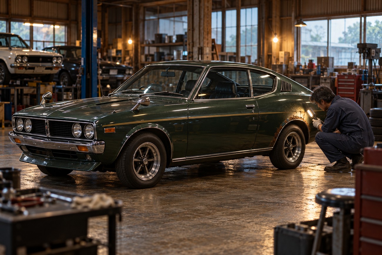 A mechanic in a workshop uses a work light to inspect body rust on a classic dark green Mitsubishi Galant GTO MR coupe